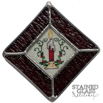 Red Candle Ornament with a Red Ripple stained glass frame