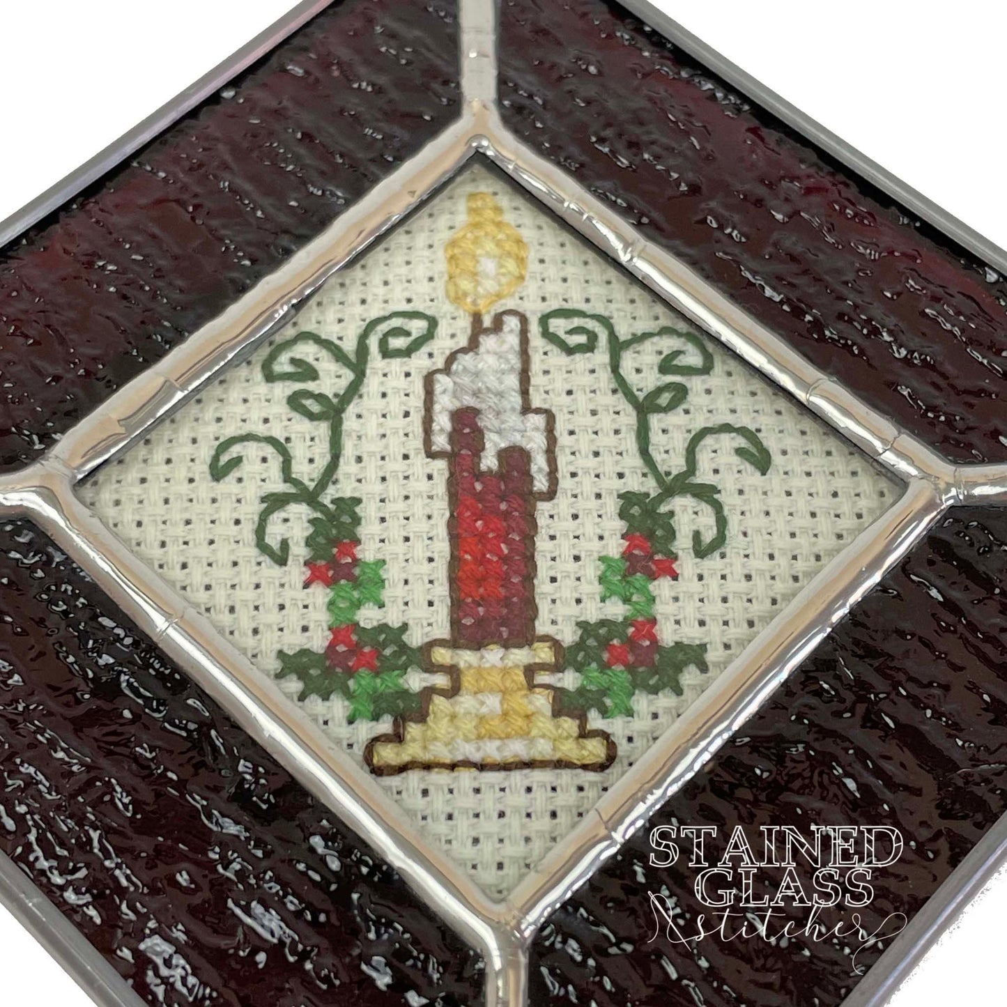 Red Candle Ornament with a Red Ripple stained glass frame