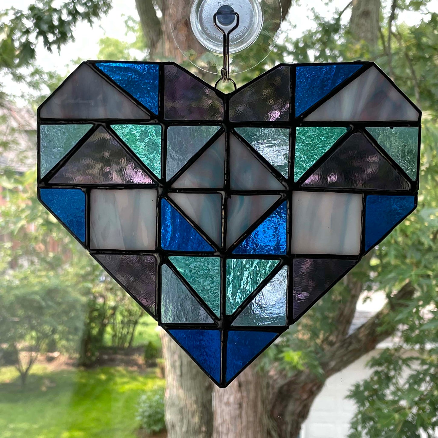 Stained Glass Patchwork Heart Suncatcher - Blue Purple  4