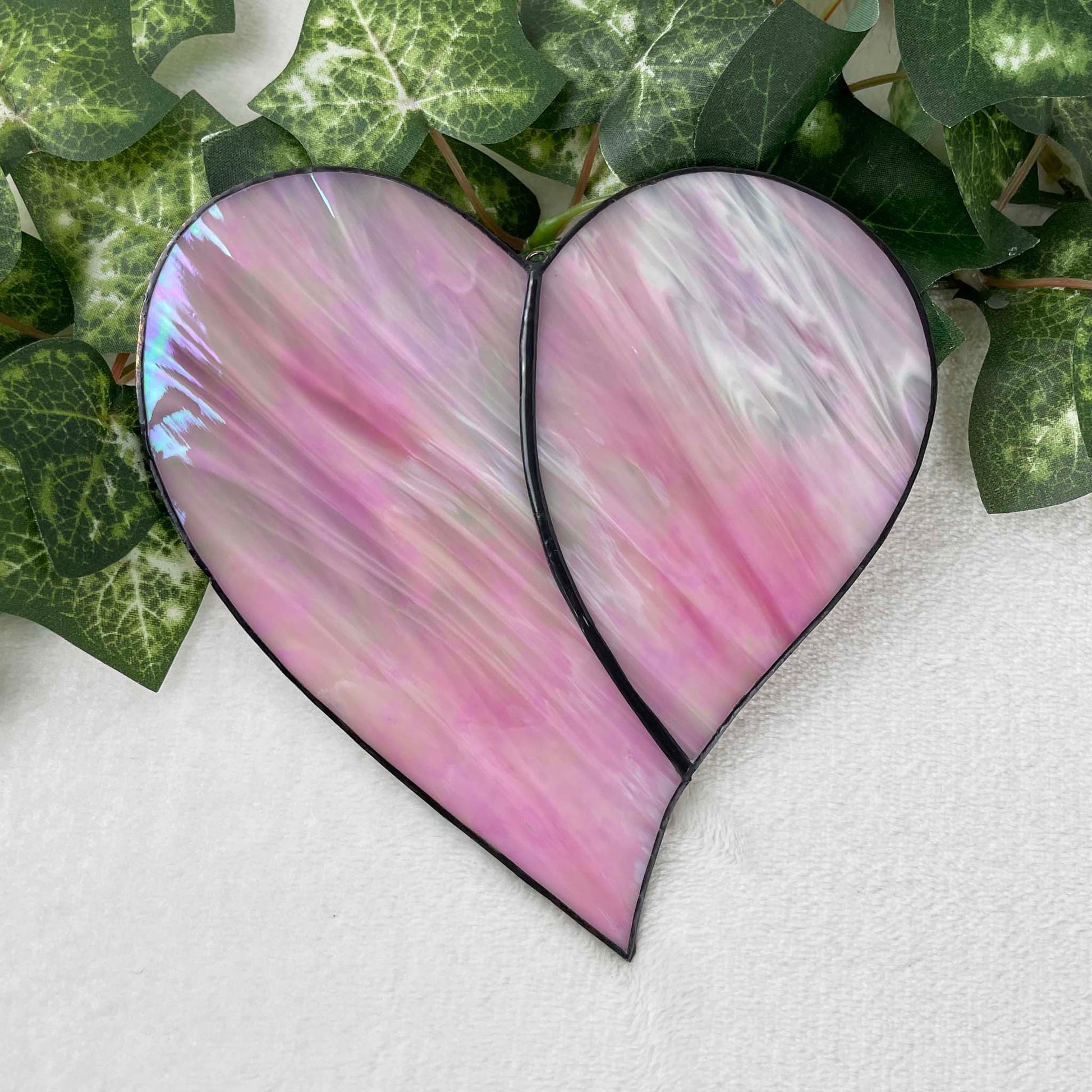 Stained Glass Single Heart Pink Iridescent Suncatcher Large 1