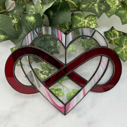 Infinity Heart Suncatcher - Red and Pink with Clear Leaf glass 9.5 x 7.5)