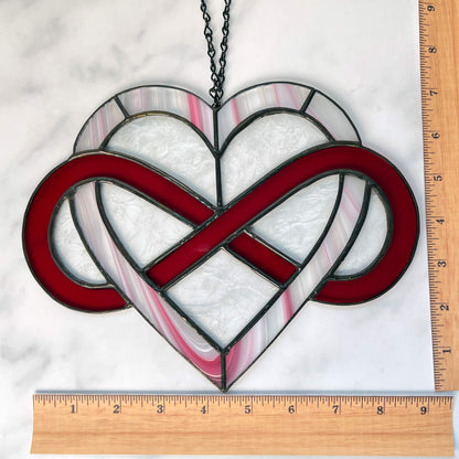 Infinity Heart Suncatcher - Red and Pink with Clear Leaf glass 9.5 x 7.5)