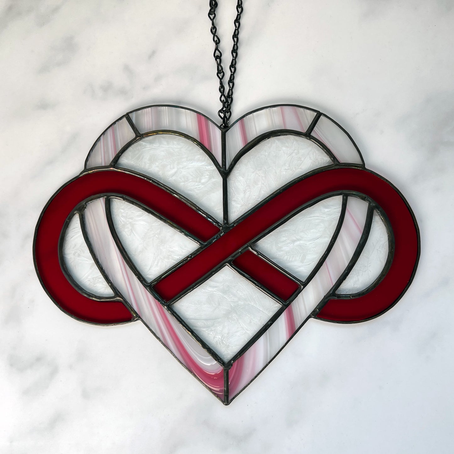 Infinity Heart Suncatcher - Red and Pink with Clear Leaf glass 9.5 x 7.5)