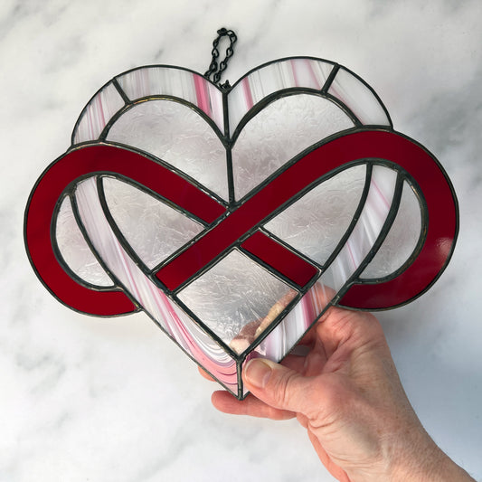 Infinity Heart Suncatcher - Red and Pink with Clear Leaf glass 9.5 x 7.5)