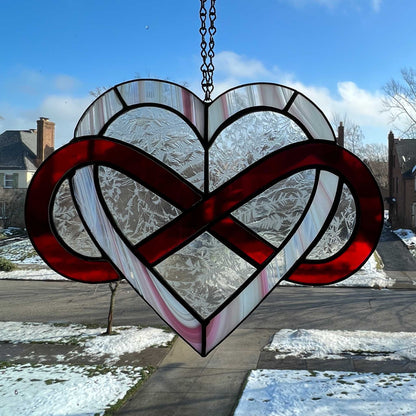 Infinity Heart Suncatcher - Red and Pink with Clear Leaf glass 9.5 x 7.5)