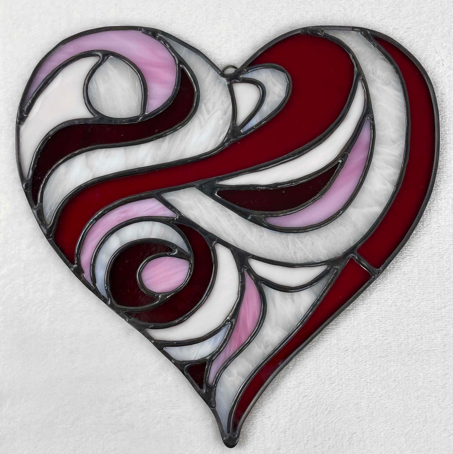 Stained Glass Swirl Heart Suncatcher - Red Pink White Cream 3