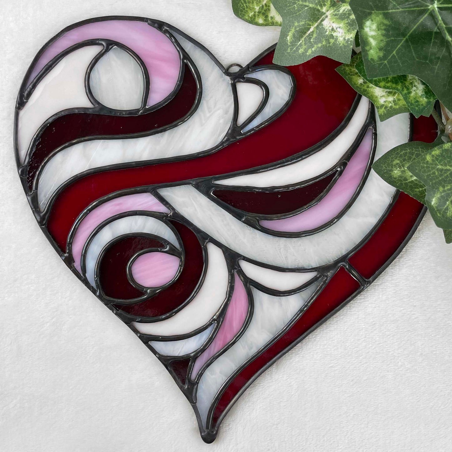 Stained Glass Swirl Heart Suncatcher - Red Pink White Cream 2