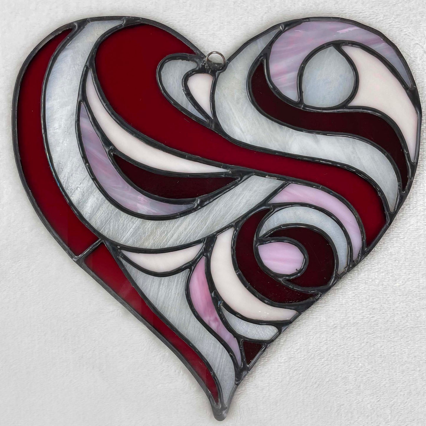 Stained Glass Swirl Heart Suncatcher - Red Pink White Cream 4