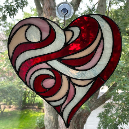 Stained Glass Swirl Heart Suncatcher - Red Pink White Cream 1