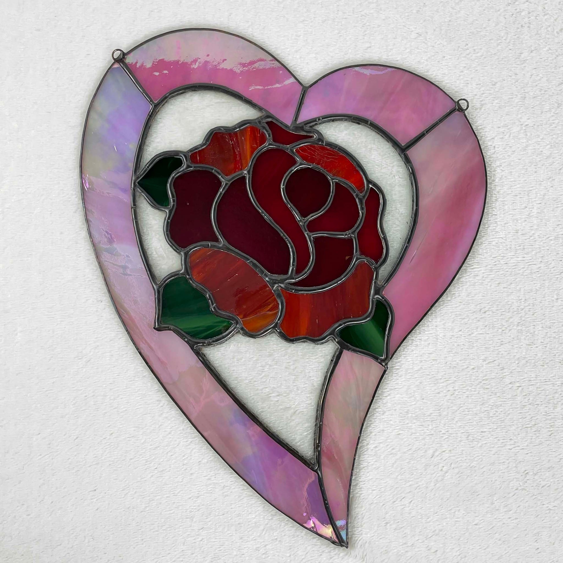 Stained Glass Rose Heart Suncatcher - Pink Red Green  5