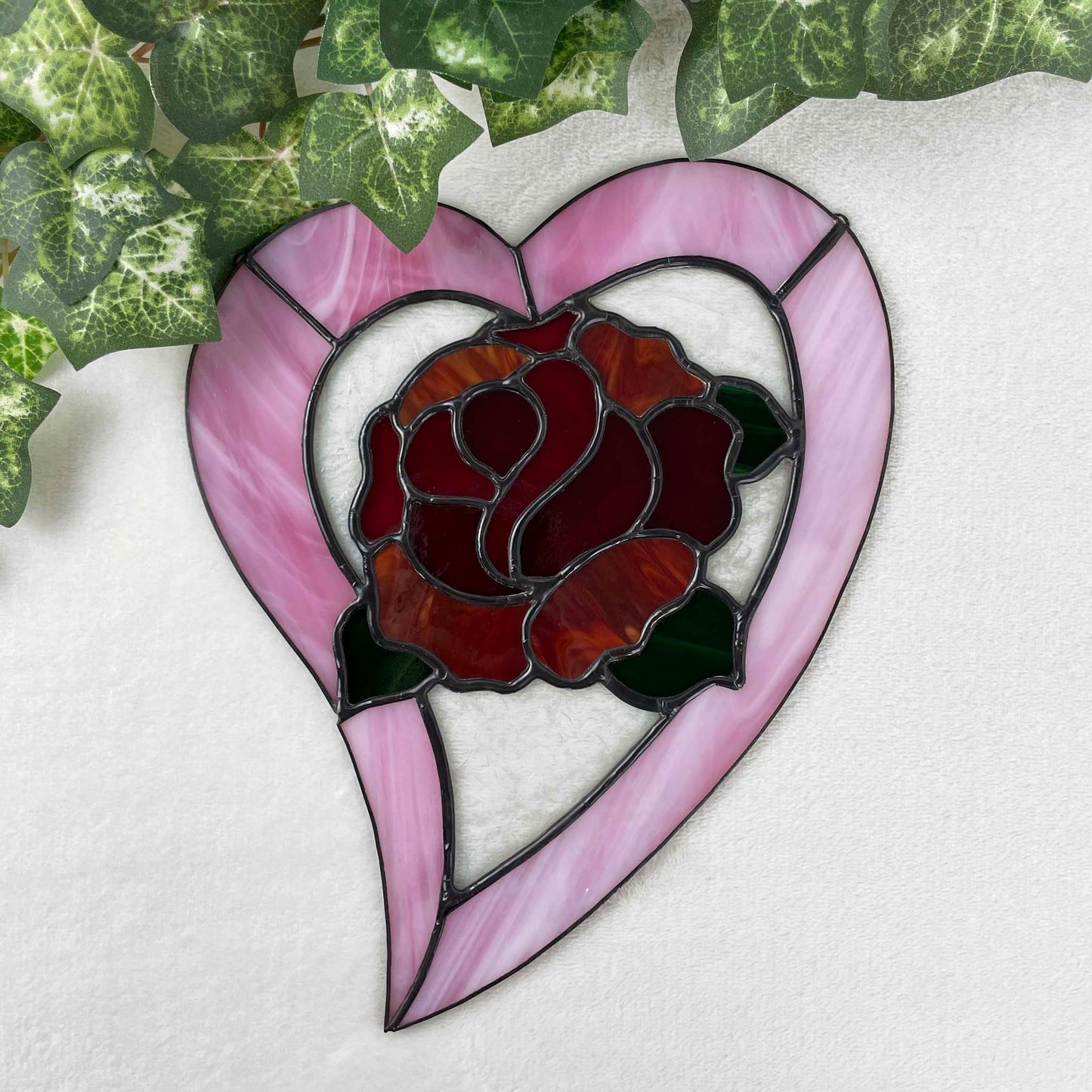 Stained Glass Rose Heart Suncatcher - Pink Red Green  4