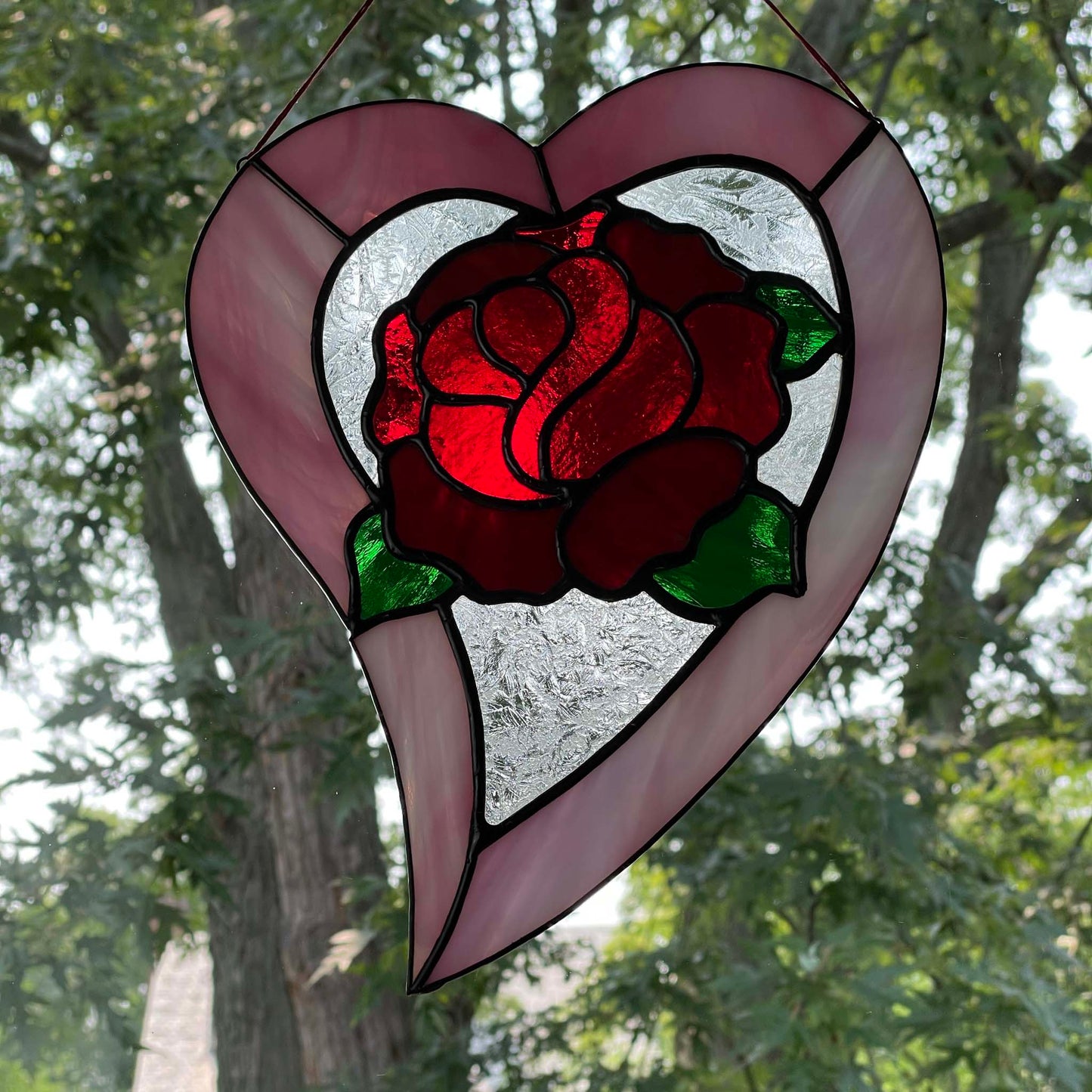 Stained Glass Rose Heart Suncatcher - Pink Red Green 1