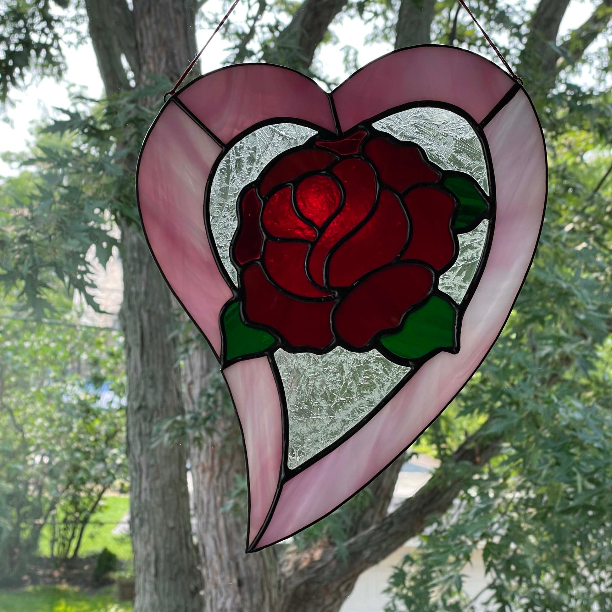 Stained Glass Rose Heart Suncatcher - Pink Red Green  2