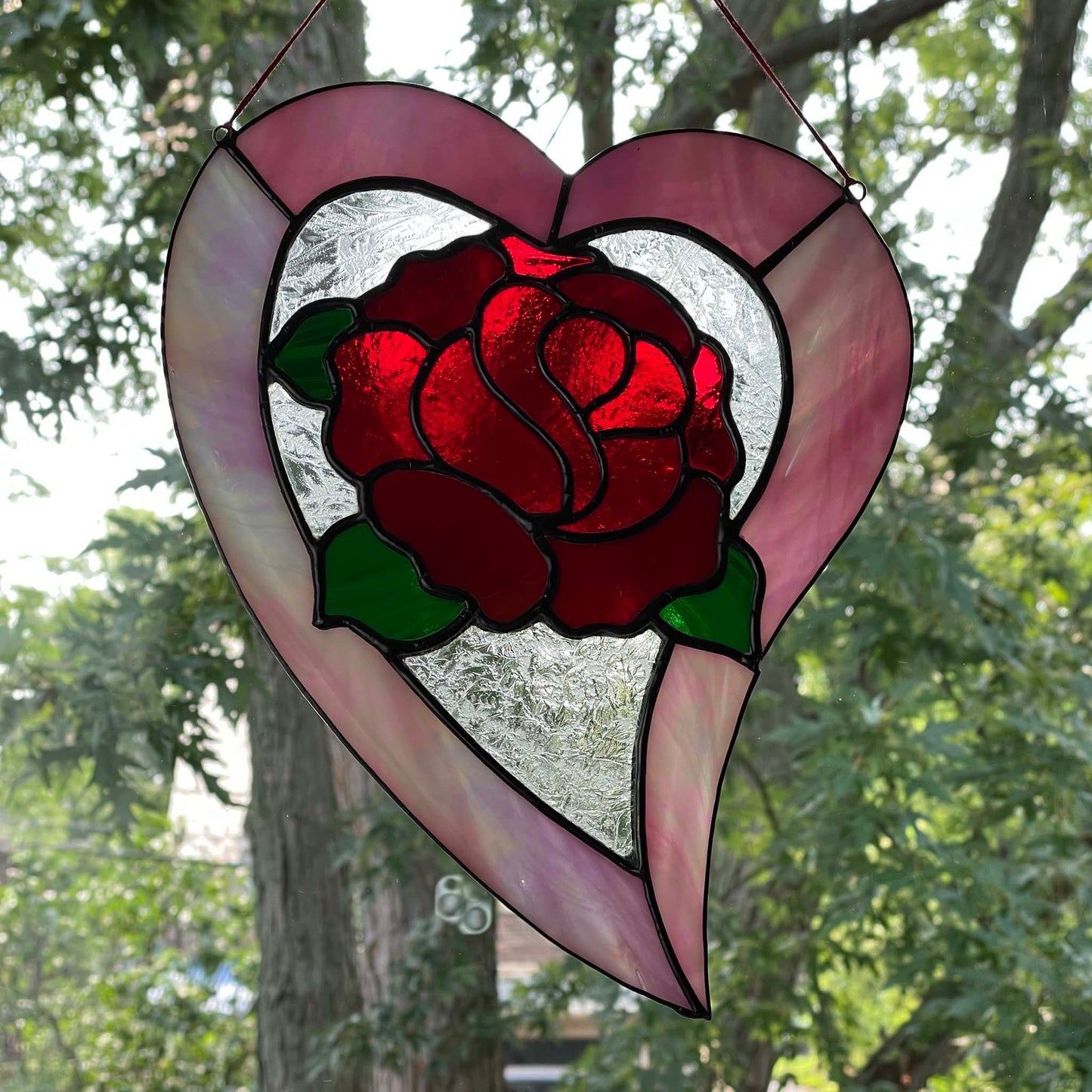 Stained Glass Rose Heart Suncatcher - Pink Red Green  3