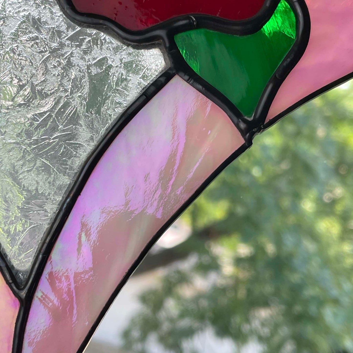 Stained Glass Rose Heart Suncatcher - Pink Red Green  6