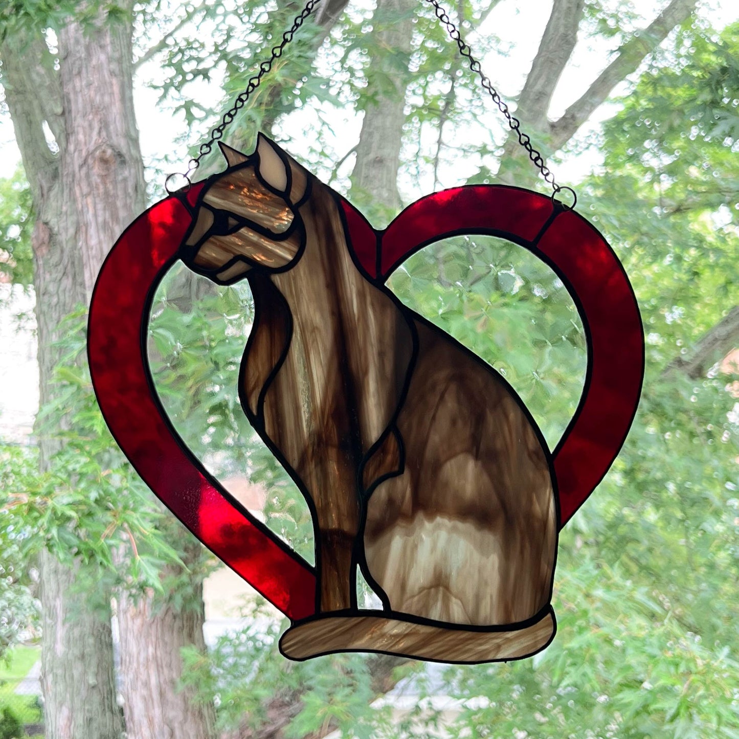 Stained Glass Sitting brown cat suncatcher in a red heart