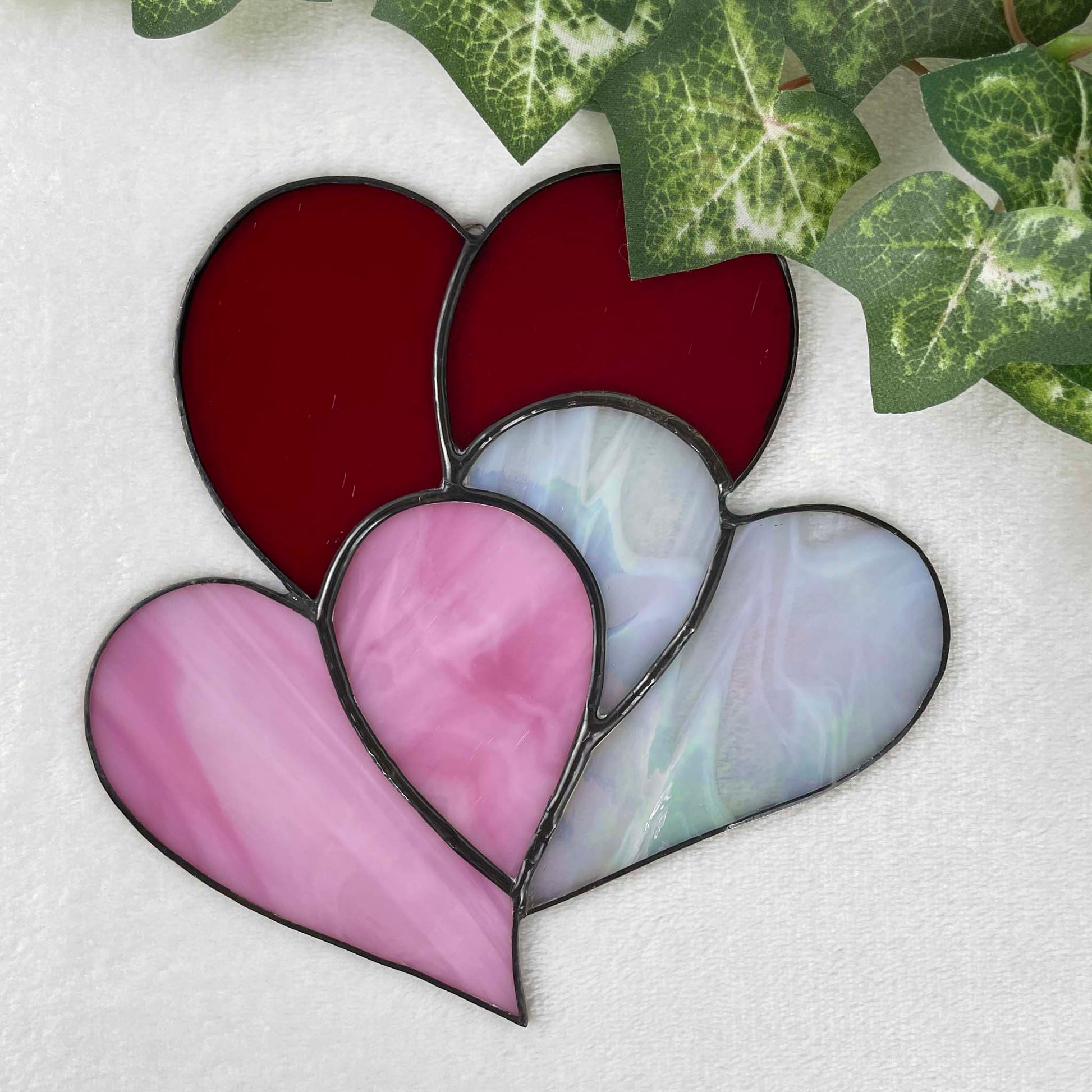 Stained Glass Triple Heart Suncatcher - Red Pink White 3