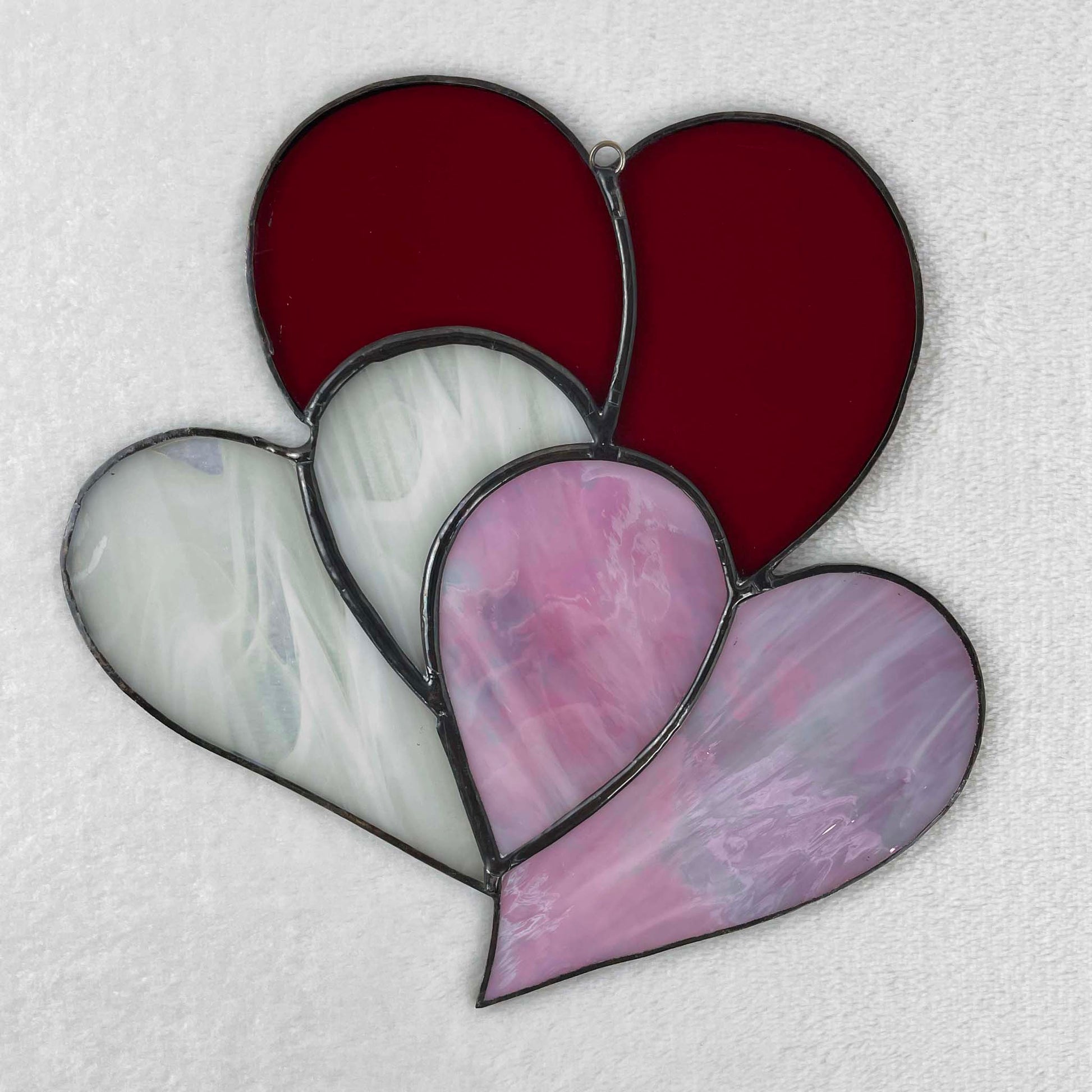 Stained Glass Triple Heart Suncatcher - Red Pink White 5