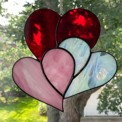 Stained Glass Triple Heart Suncatcher - Red Pink White 2