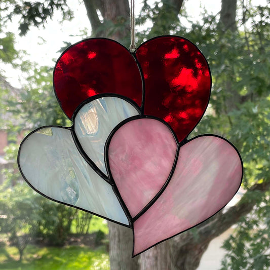 Stained Glass Triple Heart Suncatcher - Red Pink White 1